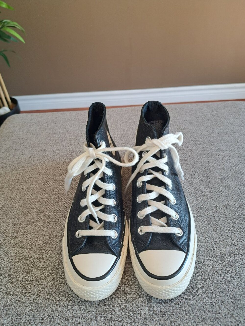 Black Genuine Leather High Top Converse - Sz: Women 6 / Men 4